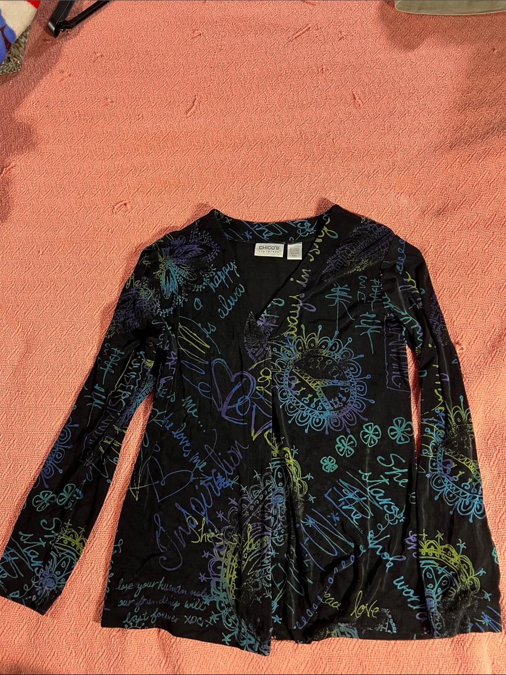 Chico's Black Long Sleeve V-Neck Jacket with Blue, Teal & Lime Scribble Print